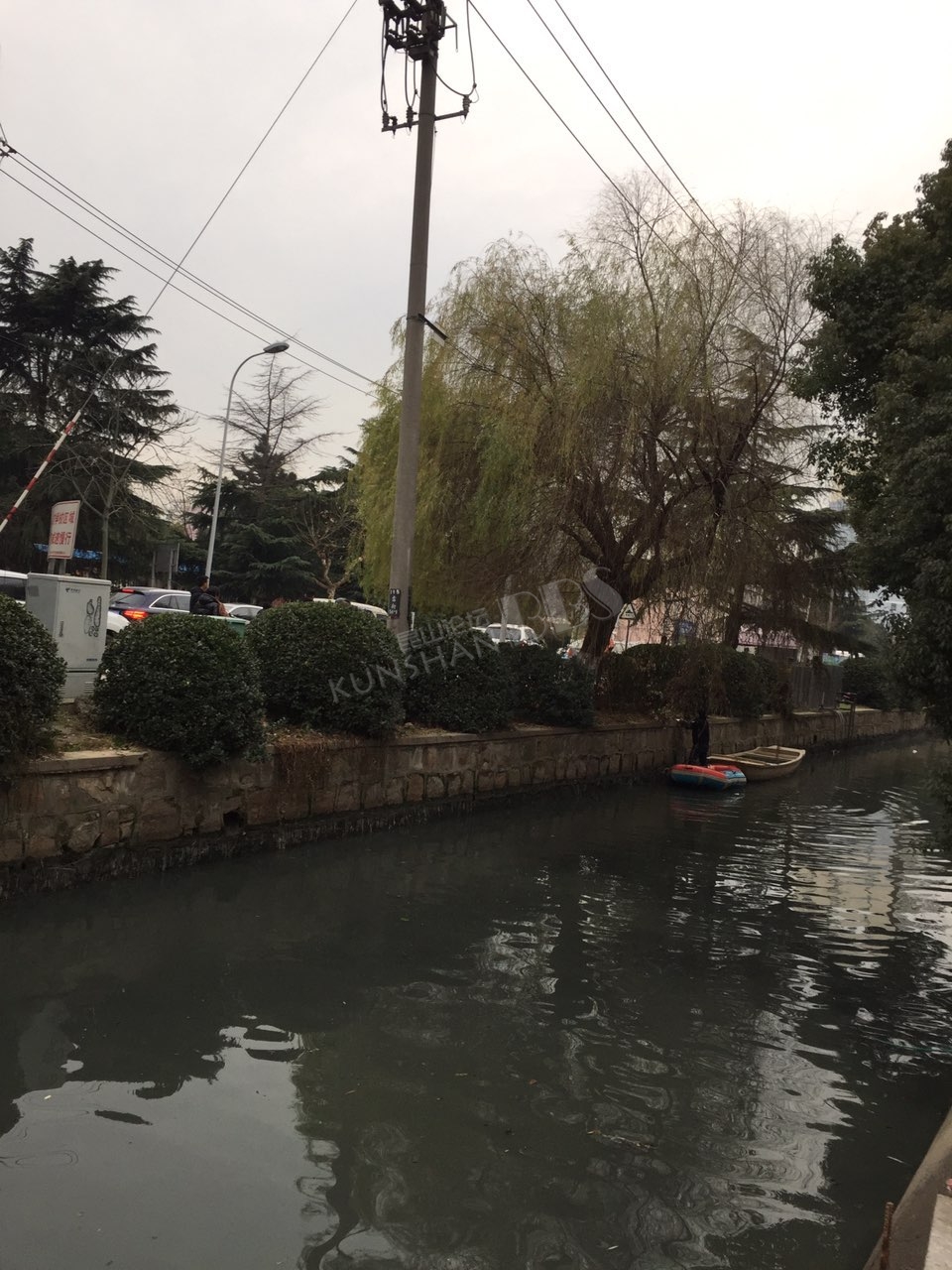昆山开放大学门前小河 疑似有人中午喝酒喝多了 坠入
