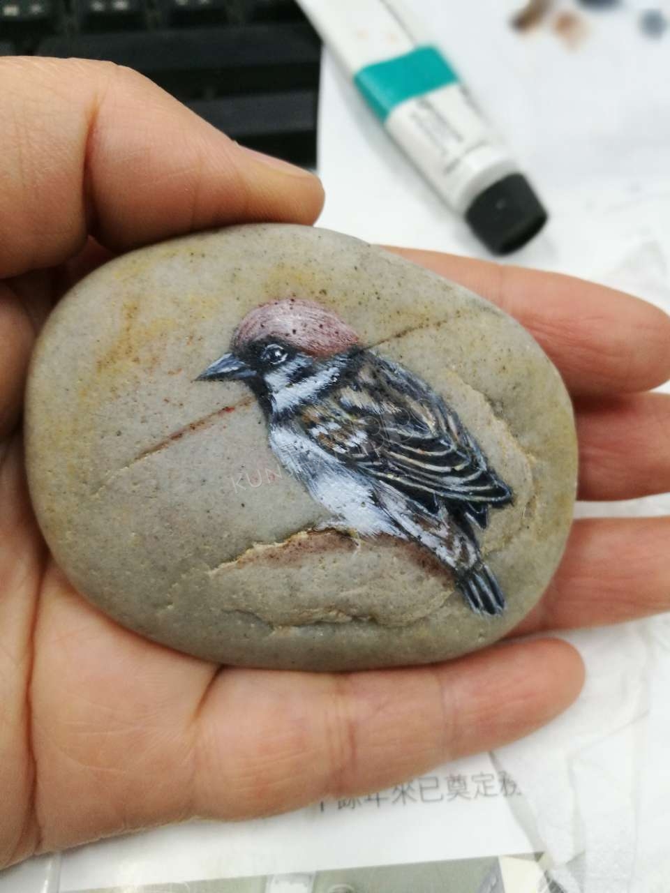 手绘石头小麻雀转让,丙烯颜料,不掉色,可以长久保存